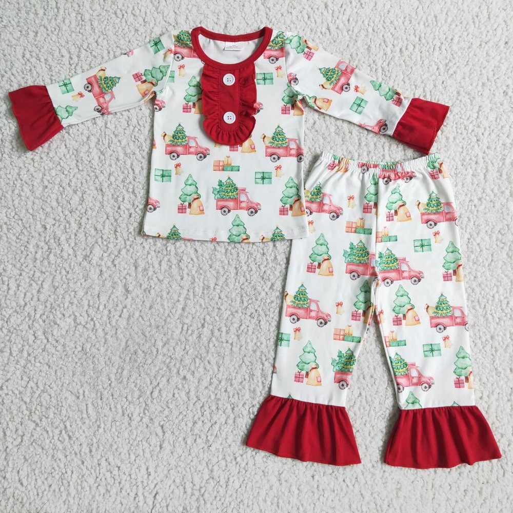 NEW Christmas Tree Truck Ruffle Pajamas